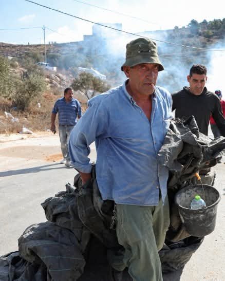 Thumbnail preview image for the video titled: Israeli soldiers prevent the harvesting of olives at Jabal al-‘Arma in Beita, firing tear gas as the farmers