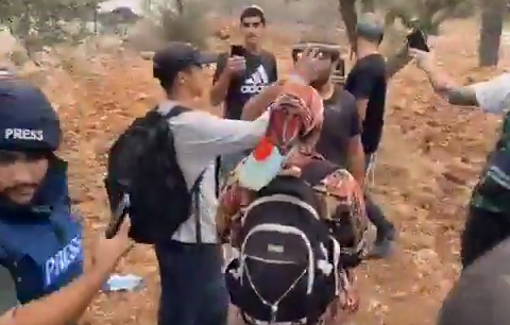 Thumbnail preview image for the video titled: Israeli settlers, backed by soldiers, obstruct Palestinian farmers from harvesting their olive trees in Turmus Ayya