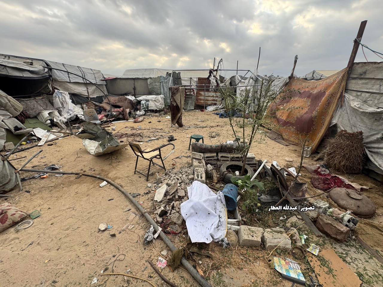 Thumbnail preview image for the video titled: Aftermath of deadly Israeli strike on tent in Khan Younis that killed 3 young men