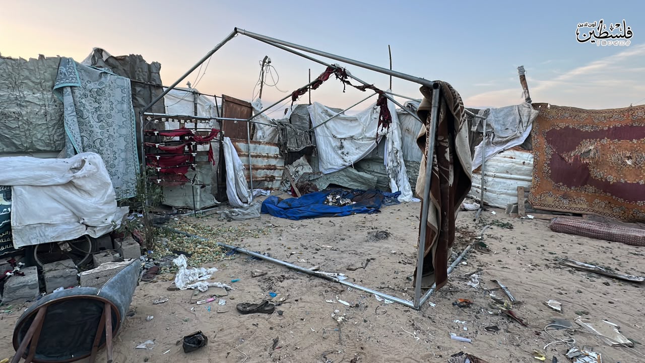 Thumbnail preview image for the video titled: Aftermath of deadly Israeli strike on tent in Khan Younis that killed 3 young men