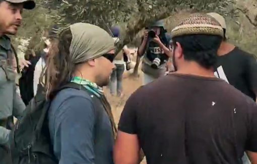 Thumbnail preview image for the video titled: Israeli settlers attack Palestinian olive harvesters and solidarity activists in Turmus Ayya
