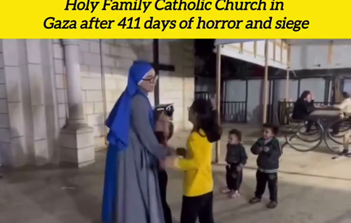 Thumbnail preview image for the video titled: In a rare moment of joy, a Palestinian Nun plays with displaced children taking refuge in a church in Gaza